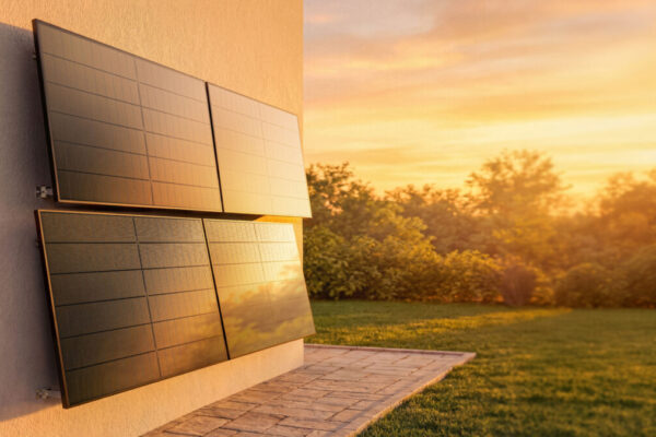 Zwei Solarmodule an einer Hauswand stehen im warmen Abendlicht neben Garten, Terrasse und Sonnenuntergang.