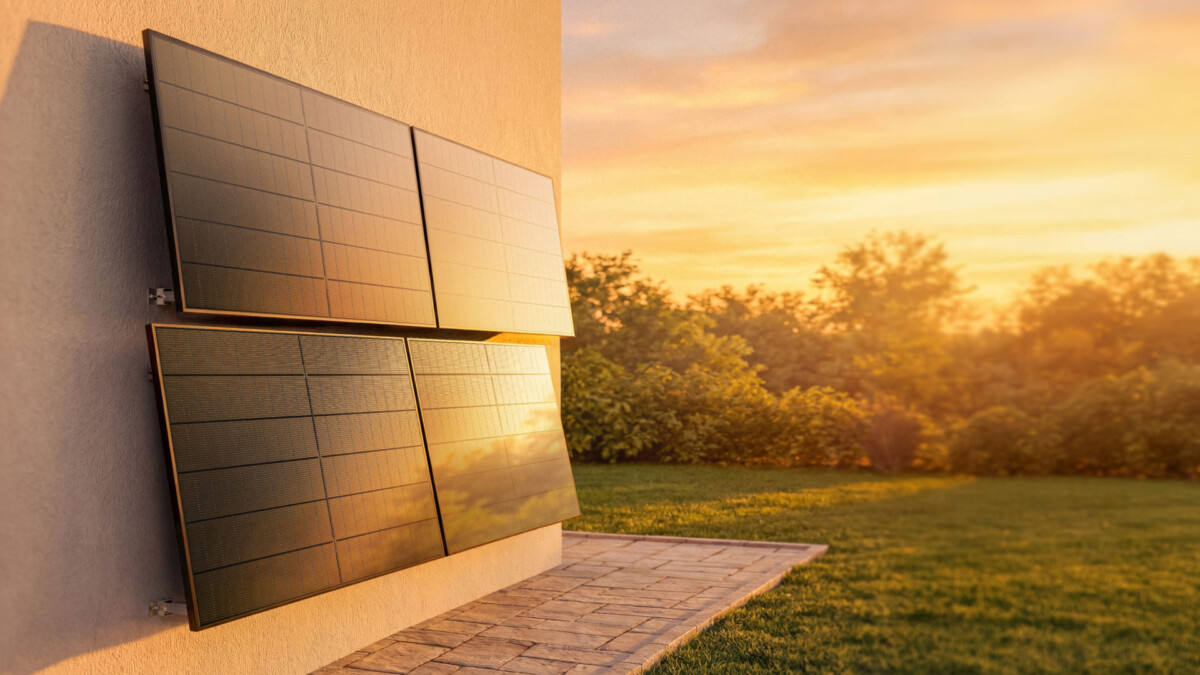 Zwei Solarmodule an einer Hauswand stehen im warmen Abendlicht neben Garten, Terrasse und Sonnenuntergang.